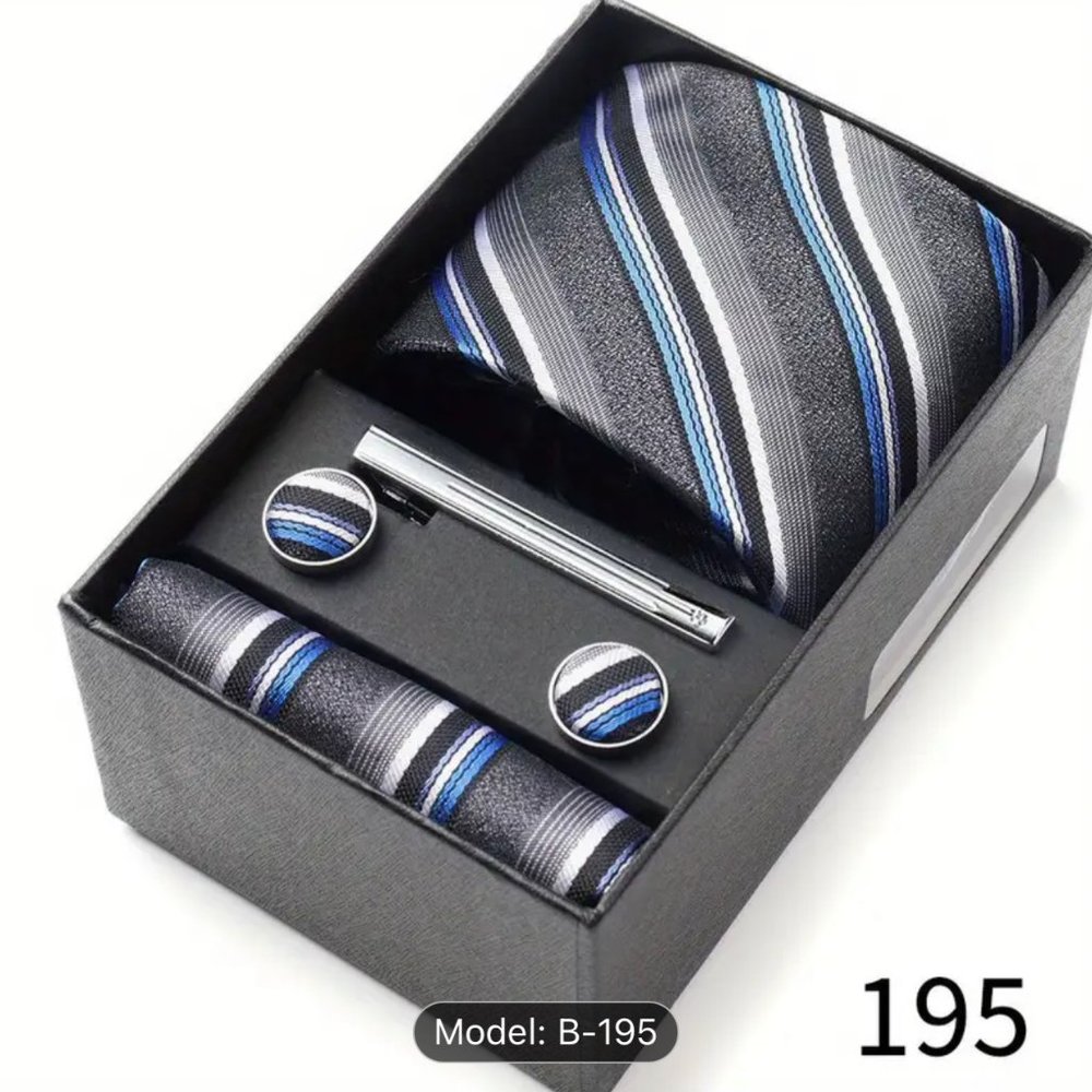 Men’s Silk Coordinated Tie Set w/Box - Blue White Striped (195)